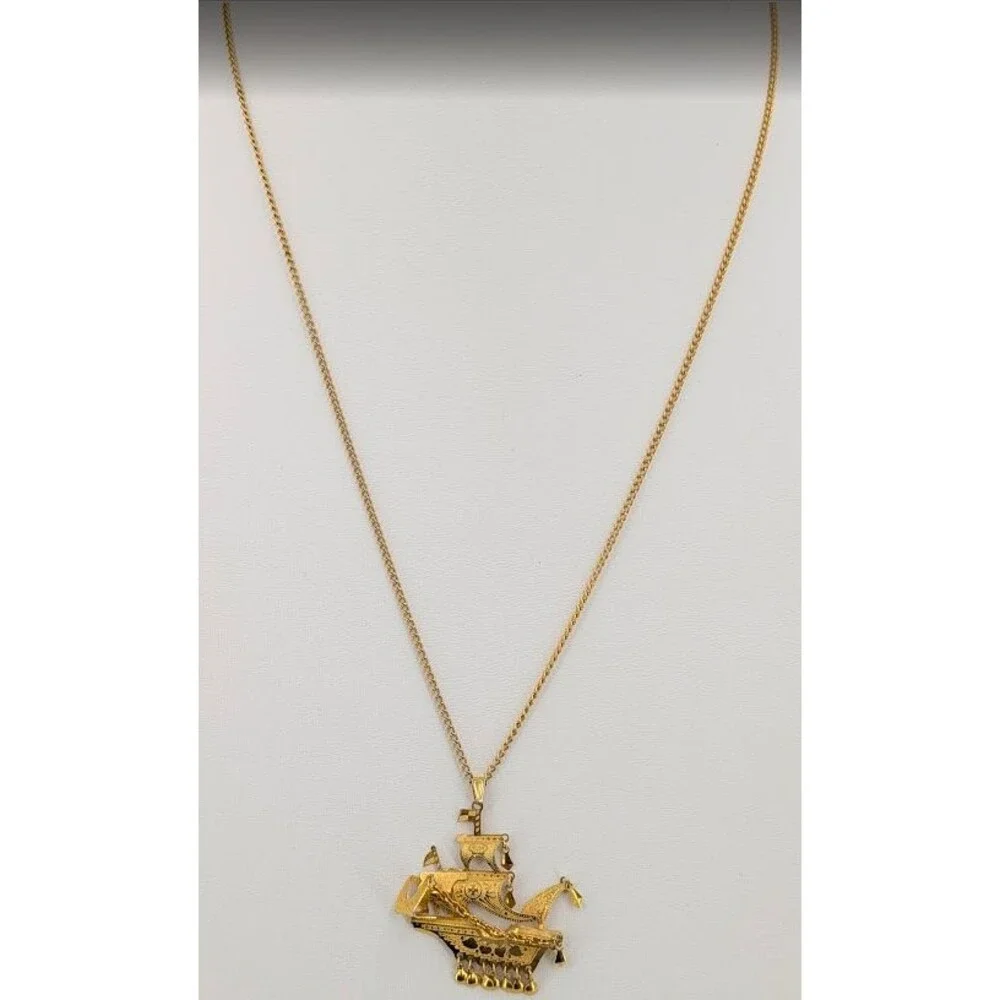 Pirate Ship Pendant Necklace Gold Tone Spanish Galleon Nautical 24 inch  Dangle